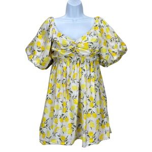 Trixxi‎ Women's XL Lemon Print Puff Sleeve Babydoll Dress Lined Cottagecore
